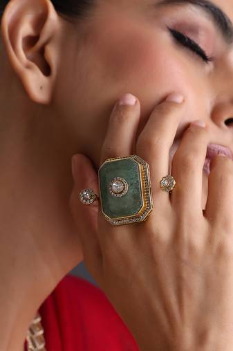 Gold plated mint green polki adjustable ring