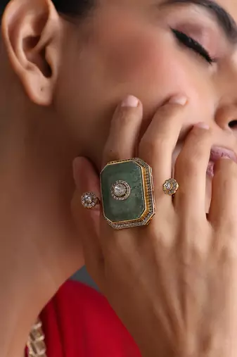 Gold plated mint green polki adjustable ring