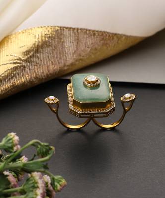 Gold plated mint green polki adjustable ring 2