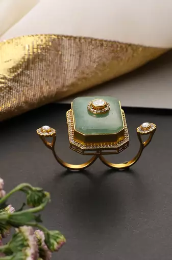 Gold plated mint green polki adjustable ring
