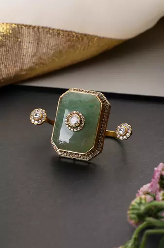 Gold plated mint green polki adjustable ring