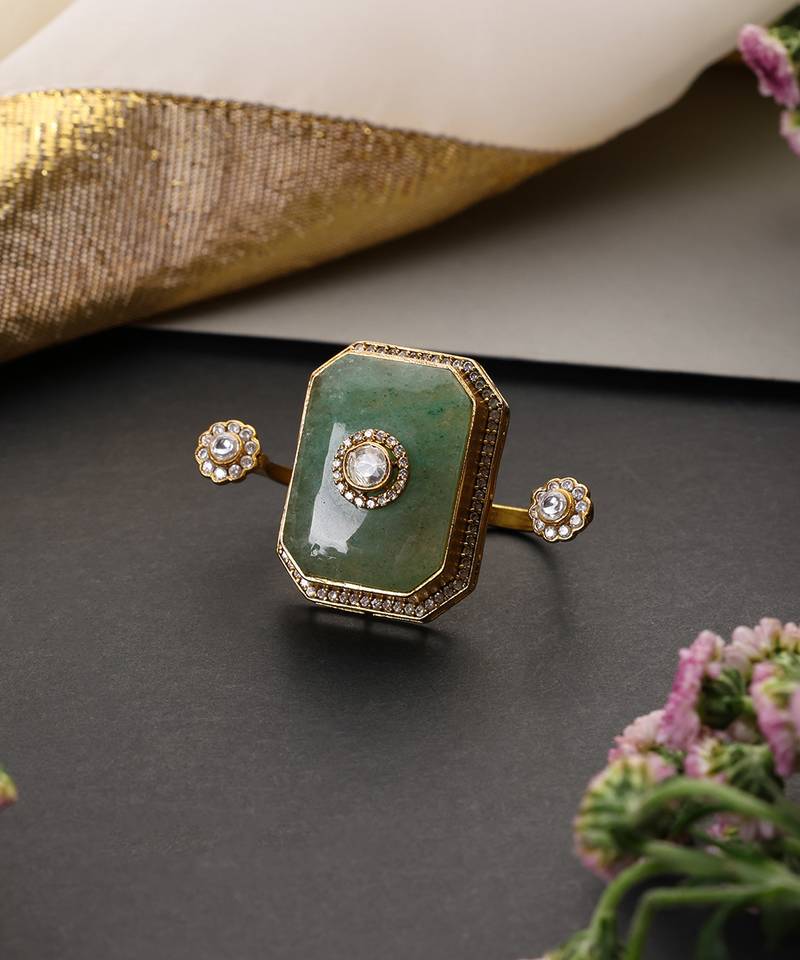 Gold plated mint green polki adjustable ring