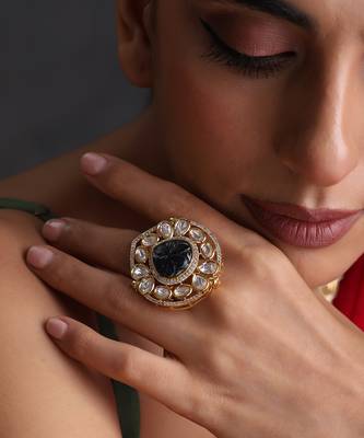 Gold plated blue polki adjustable ring 1