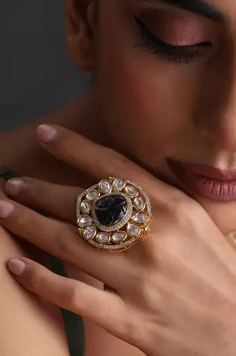 Gold plated blue polki adjustable ring