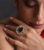 Gold plated blue polki adjustable ring