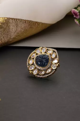 Gold plated blue polki adjustable ring