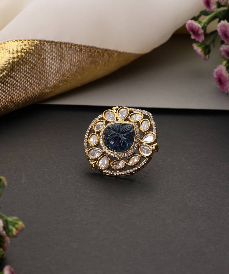 Gold plated blue polki adjustable ring