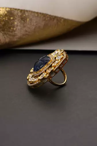 Gold plated blue polki adjustable ring