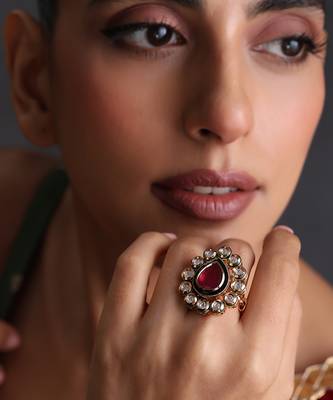 Gold plated red kundan adjustable ring 1