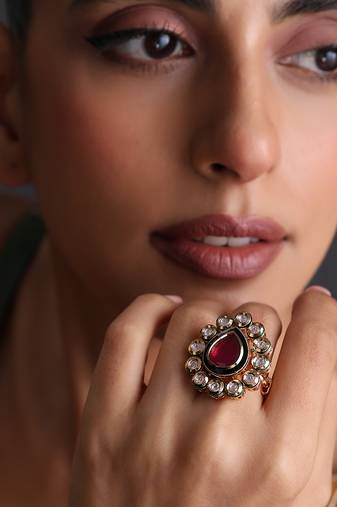 Gold plated red kundan adjustable ring