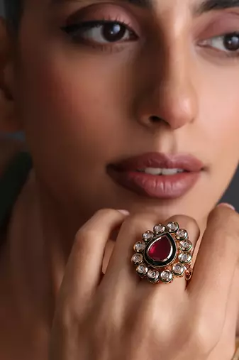 Gold plated red kundan adjustable ring