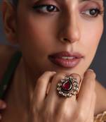Gold plated red kundan adjustable ring