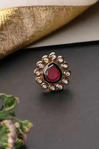 Gold plated red kundan adjustable ring