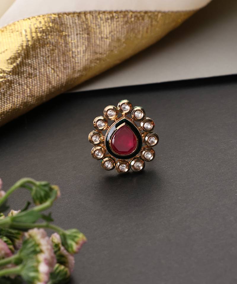 Gold plated red kundan adjustable ring