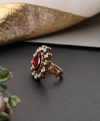 Gold plated red kundan adjustable ring 3