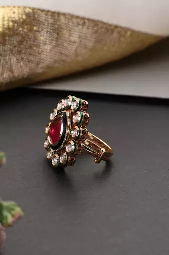Gold plated red kundan adjustable ring