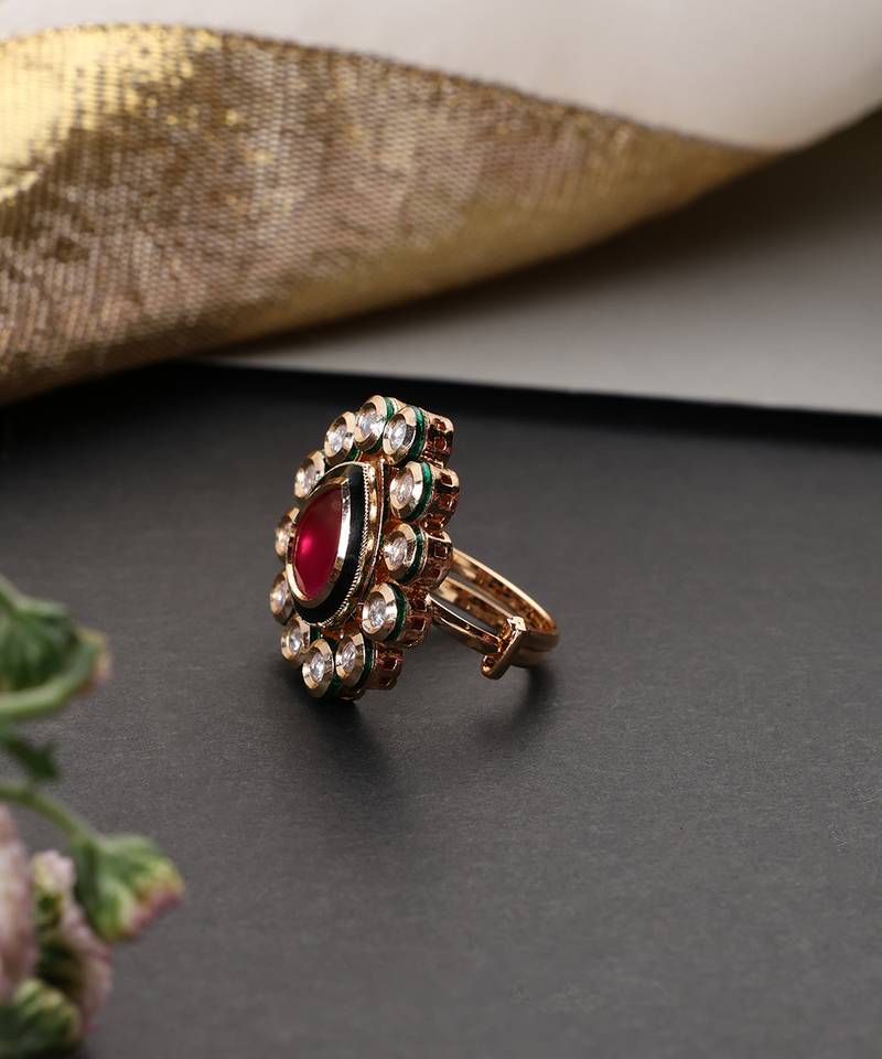 Gold plated red kundan adjustable ring