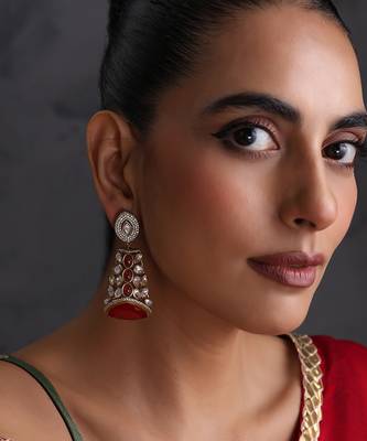 Gold plated ruby red polki jhumka earrings 1