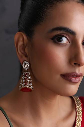 Gold plated ruby red polki jhumka earrings