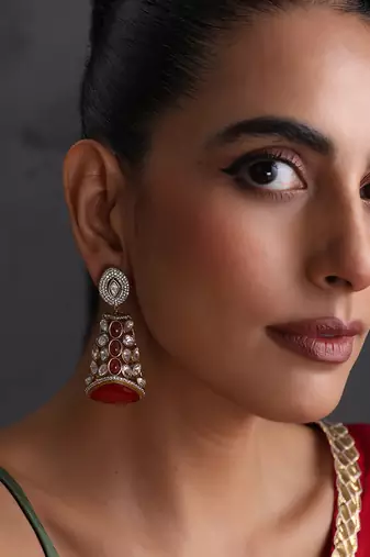 Gold plated ruby red polki jhumka earrings