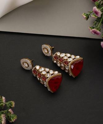 Gold plated ruby red polki jhumka earrings 2