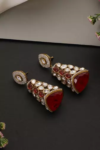 Gold plated ruby red polki jhumka earrings