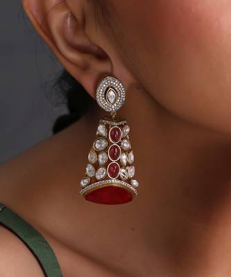 Gold plated ruby red polki jhumka earrings 3