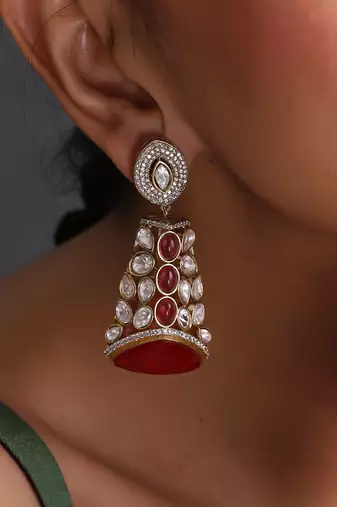 Gold plated ruby red polki jhumka earrings