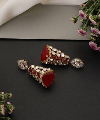 Gold plated ruby red polki jhumka earrings 4