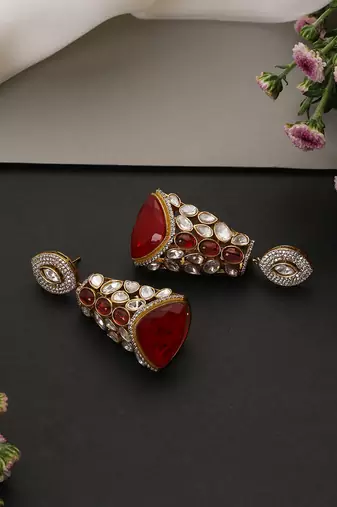Gold plated ruby red polki jhumka earrings