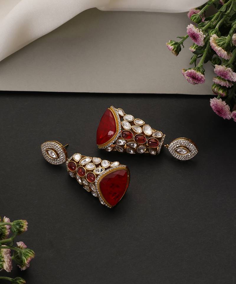 Gold plated ruby red polki jhumka earrings