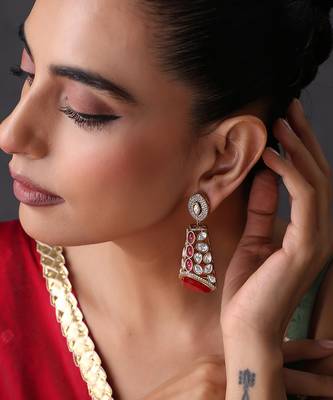 Gold plated ruby red polki jhumka earrings 5