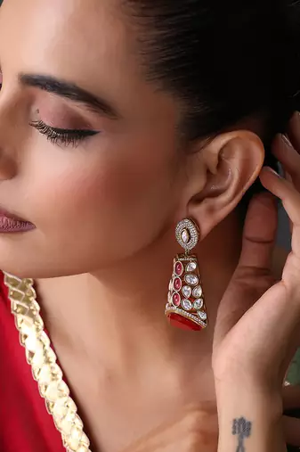 Gold plated ruby red polki jhumka earrings