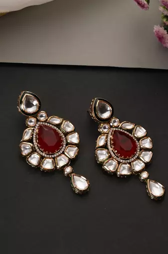 Gold plated ruby red polki dangler earrings