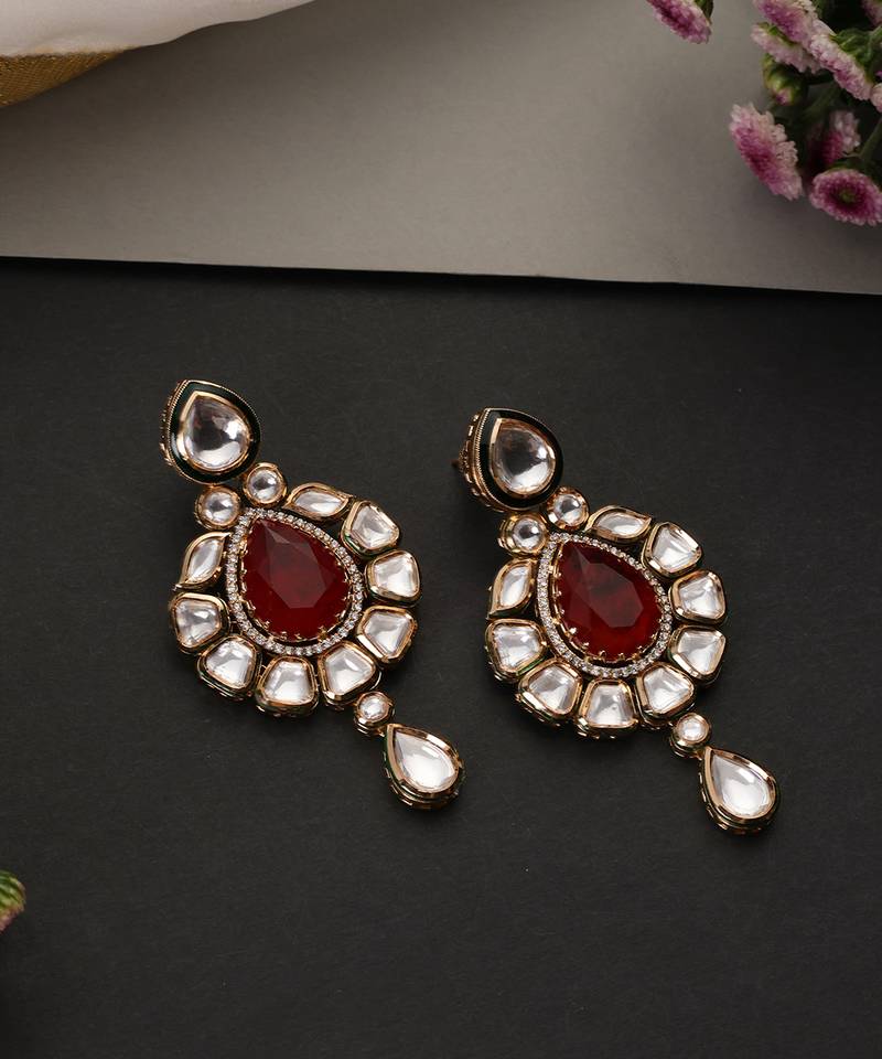Gold plated ruby red polki dangler earrings