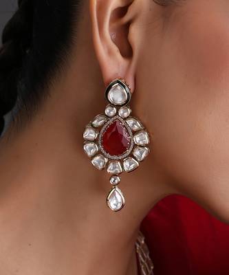 Gold plated ruby red polki dangler earrings 3
