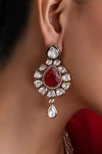 Gold plated ruby red polki dangler earrings