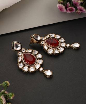 Gold plated ruby red polki dangler earrings 4