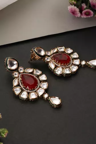 Gold plated ruby red polki dangler earrings
