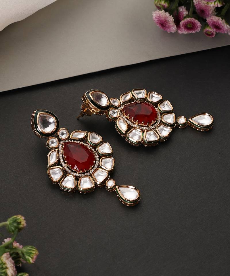 Gold plated ruby red polki dangler earrings