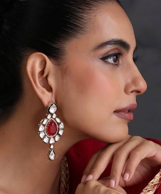 Gold plated ruby red polki dangler earrings 5