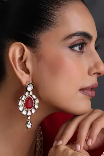 Gold plated ruby red polki dangler earrings