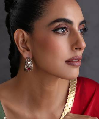 Gold plated ruby red polki hoop earrings 1