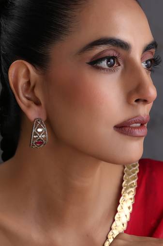 Gold plated ruby red polki hoop earrings