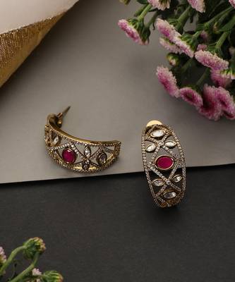Gold plated ruby red polki hoop earrings 2