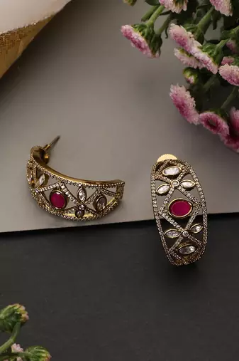 Gold plated ruby red polki hoop earrings