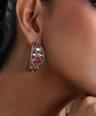 Gold plated ruby red polki hoop earrings 3