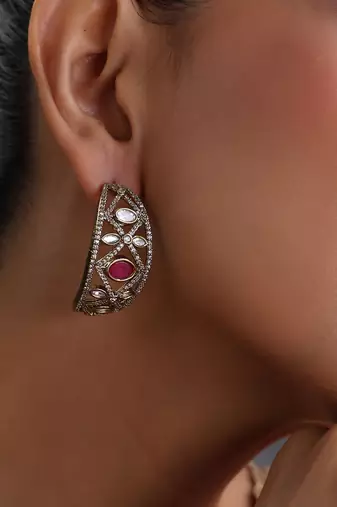 Gold plated ruby red polki hoop earrings