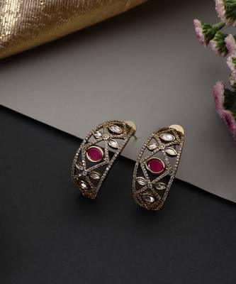 Gold plated ruby red polki hoop earrings 4