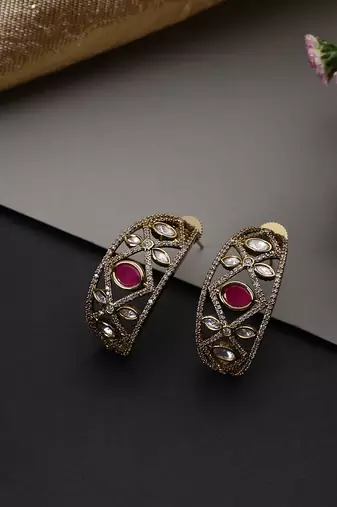 Gold plated ruby red polki hoop earrings